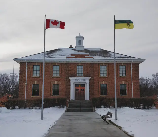 Town Hall with Canadian and Saskatchewan flags
